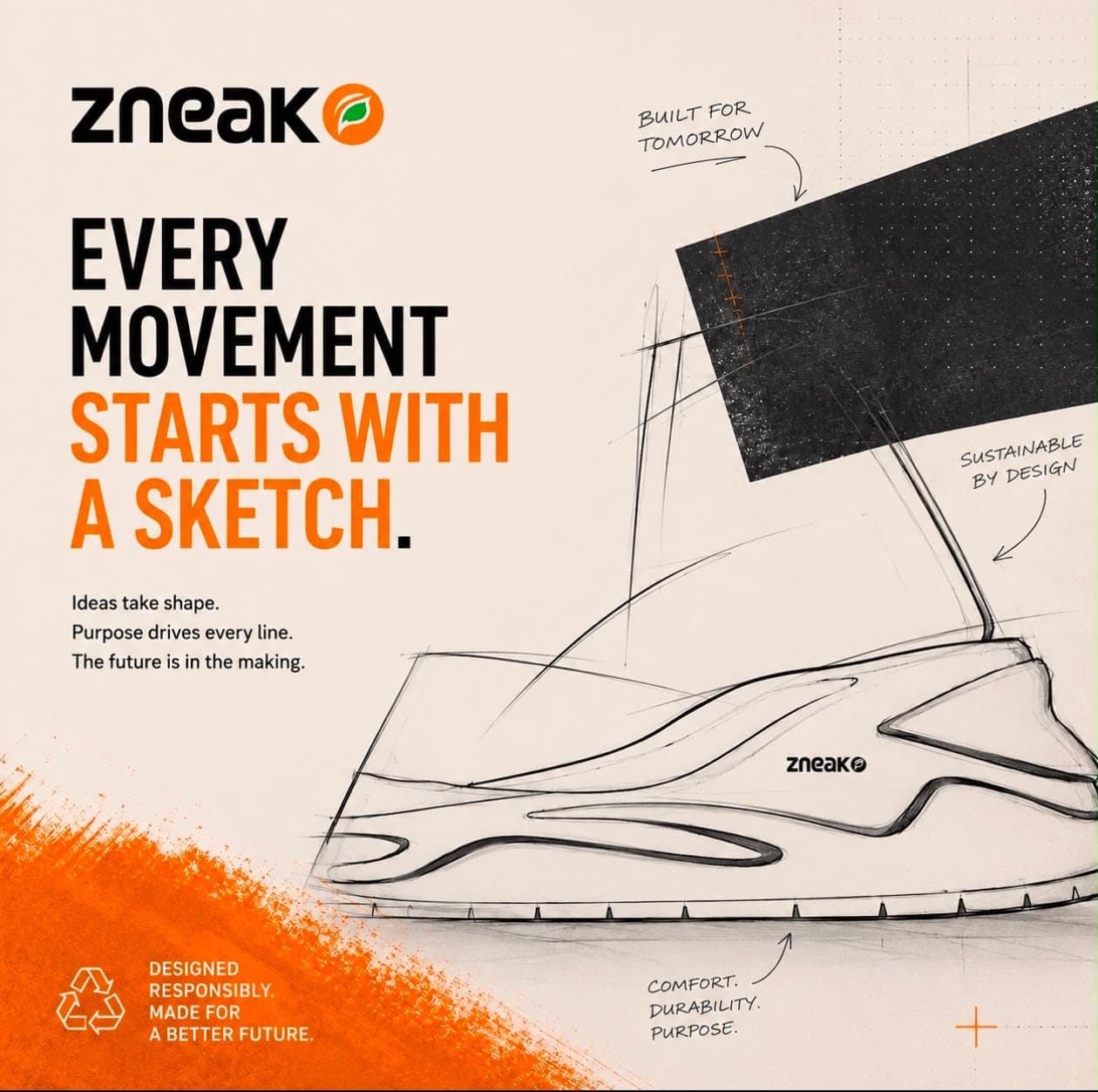 Early industrial design sketch of a Zneako trainer, annotated with build notes